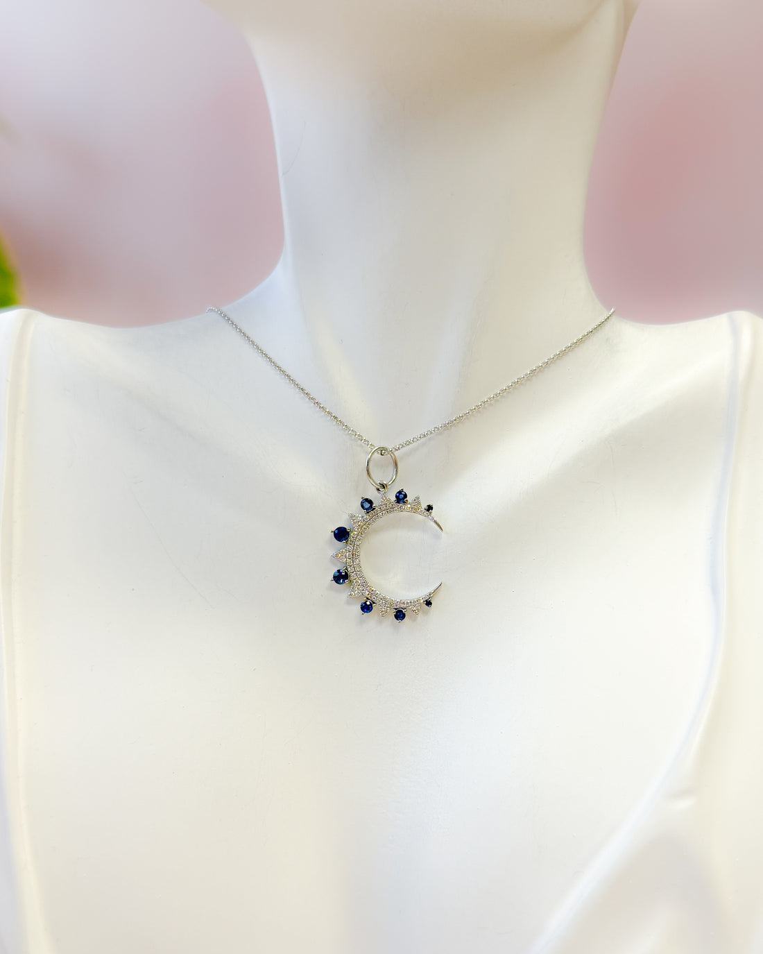 Sapphire & Pavé Diamond Crescent Moon Pendant