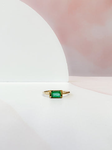 EW Emerald with Beaded Gold Halo Ring