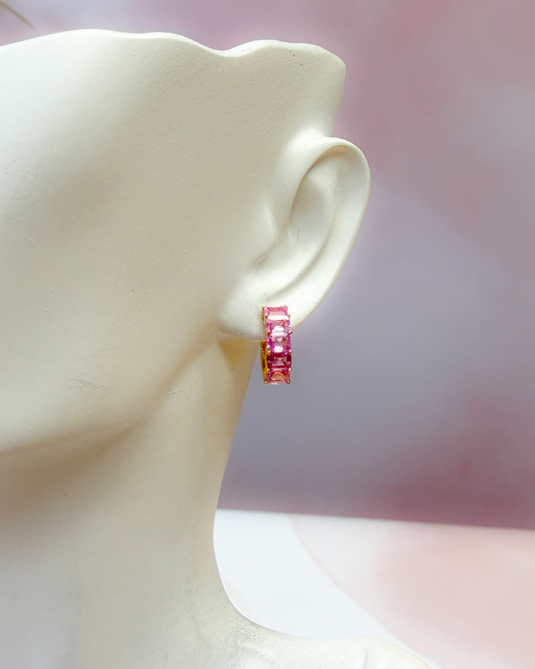 Emerald Cut Pink Sapphire Huggie Hoops