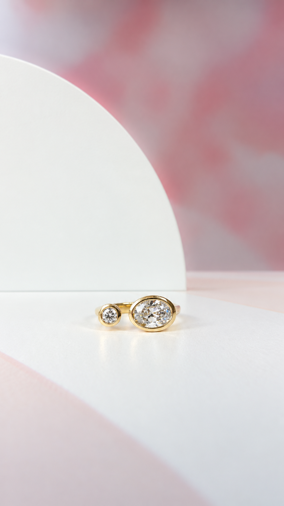 Bezel Oval and Round Diamond Duo Open Shank Ring