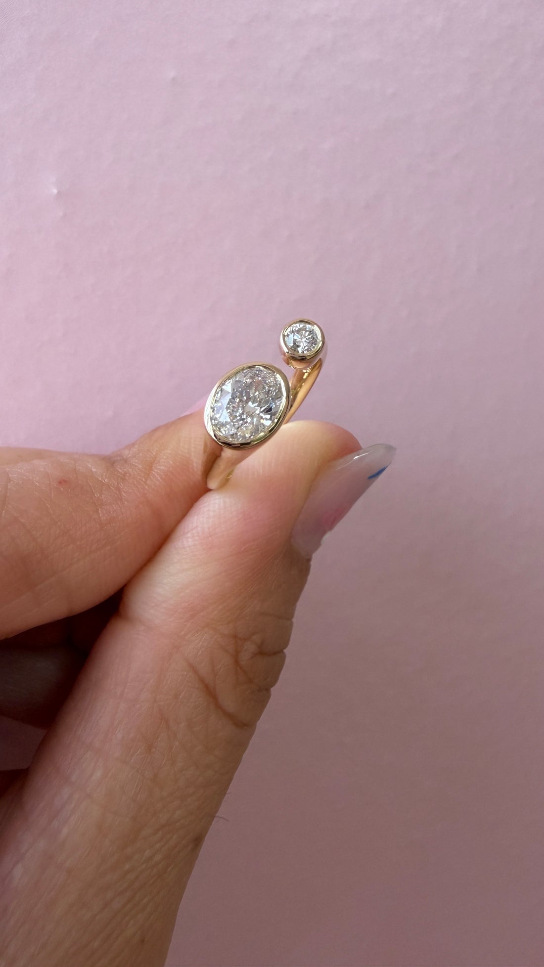 Bezel Oval and Round Diamond Duo Open Shank Ring