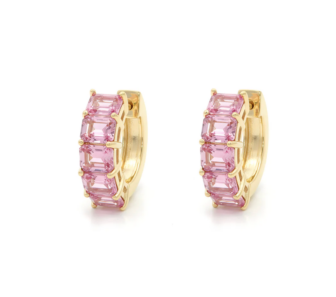 Emerald Cut Pink Sapphire Huggie Hoop Earrings