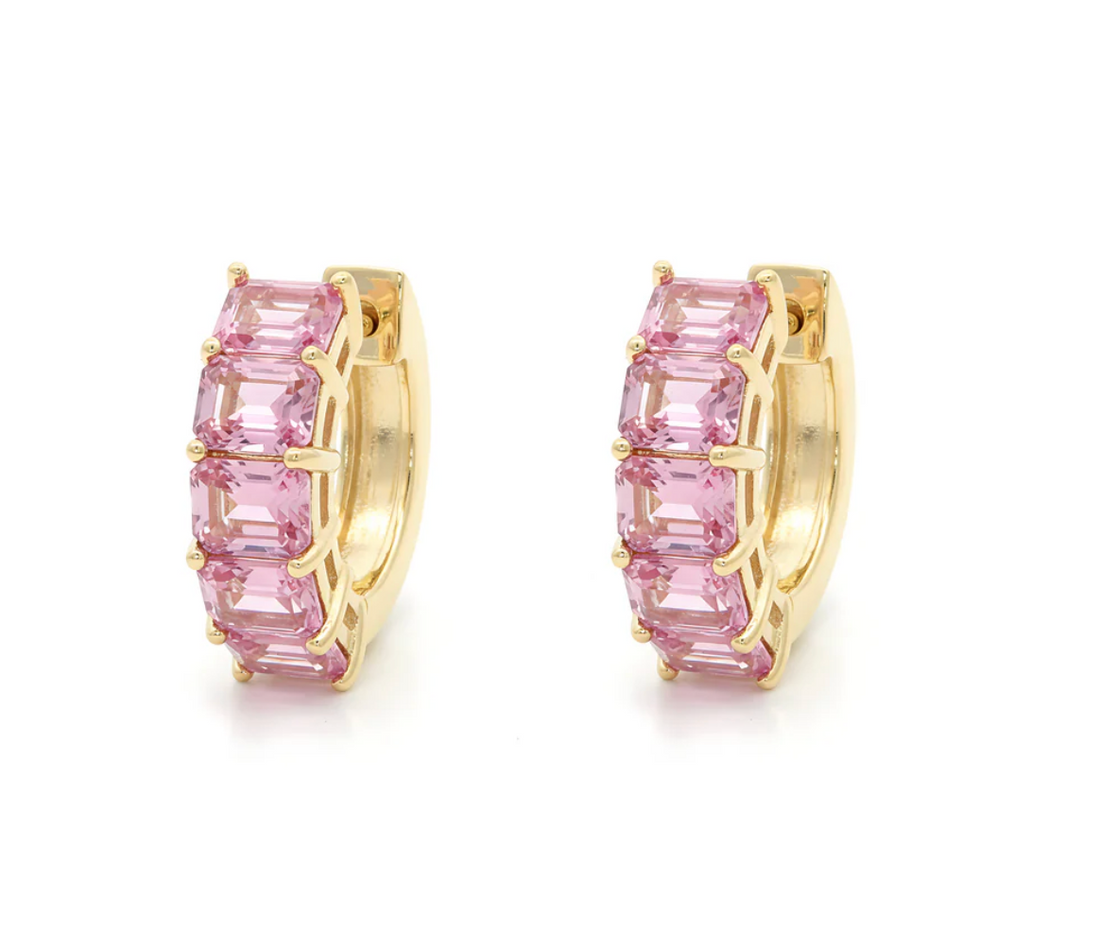 Emerald Cut Pink Sapphire Huggie Hoops