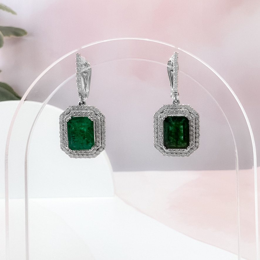 Emerald Double Halo Drop Earrings