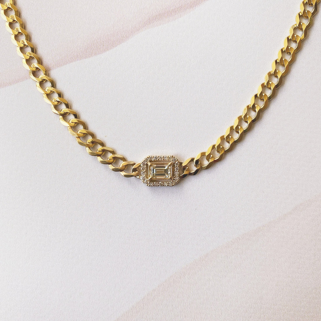 Cuban Link Necklace with Emerald Cut Diamond Center